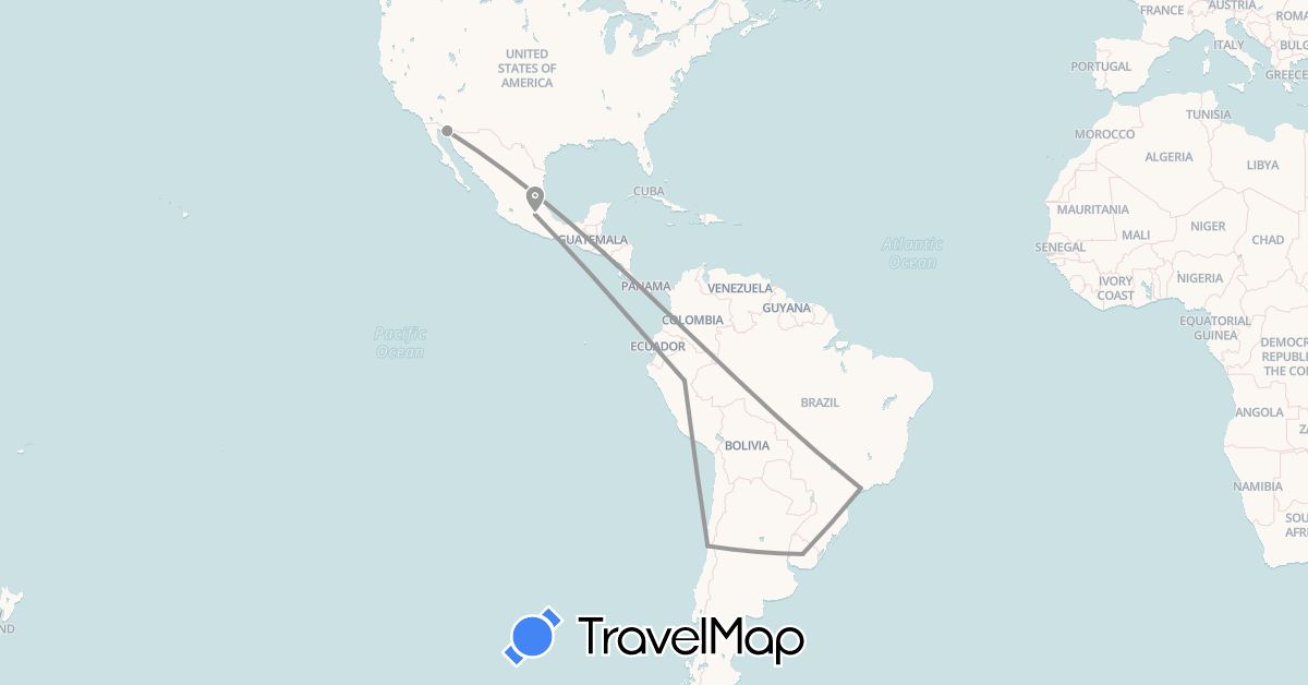 TravelMap itinerary: driving, plane in Brazil, Chile, Mexico, Peru, United States, Uruguay (North America, South America)